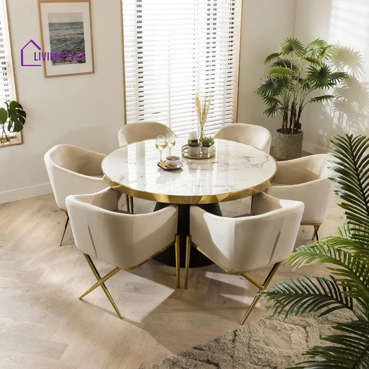 Evdokia Round Marble Dining Table & Cream Velvet Chairs - 6 Seater Dining Set Dining Room / Dining Sets