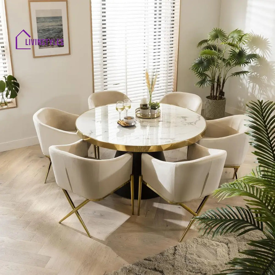 Evdokia Round Marble Dining Table & Cream Velvet Chairs - 6 Seater Dining Set Dining Room / Dining Sets