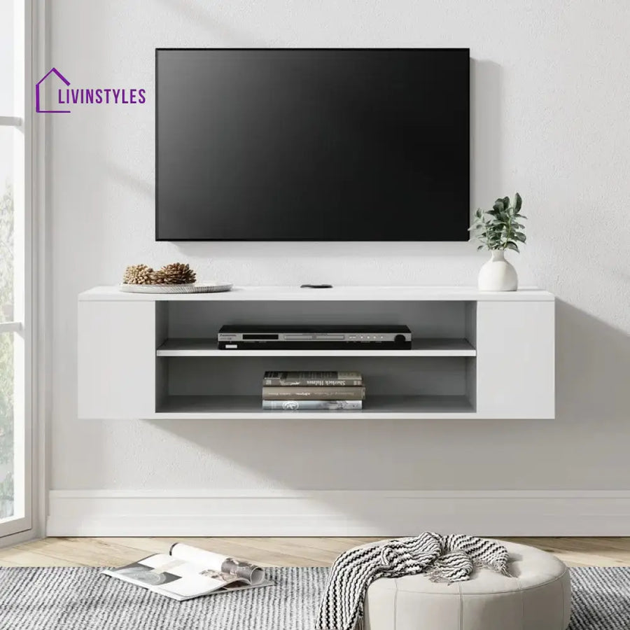 Everly Wall Mounted White Finish Tv Unit Stand for Living Room