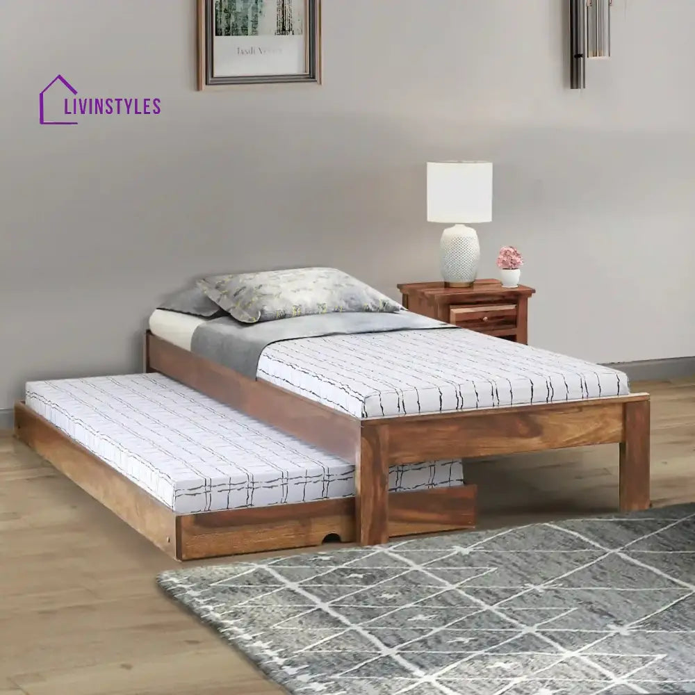 Divyam Modern Sheesham Wood Single Bed With Trundle Natural Bedroom Furniture Sets