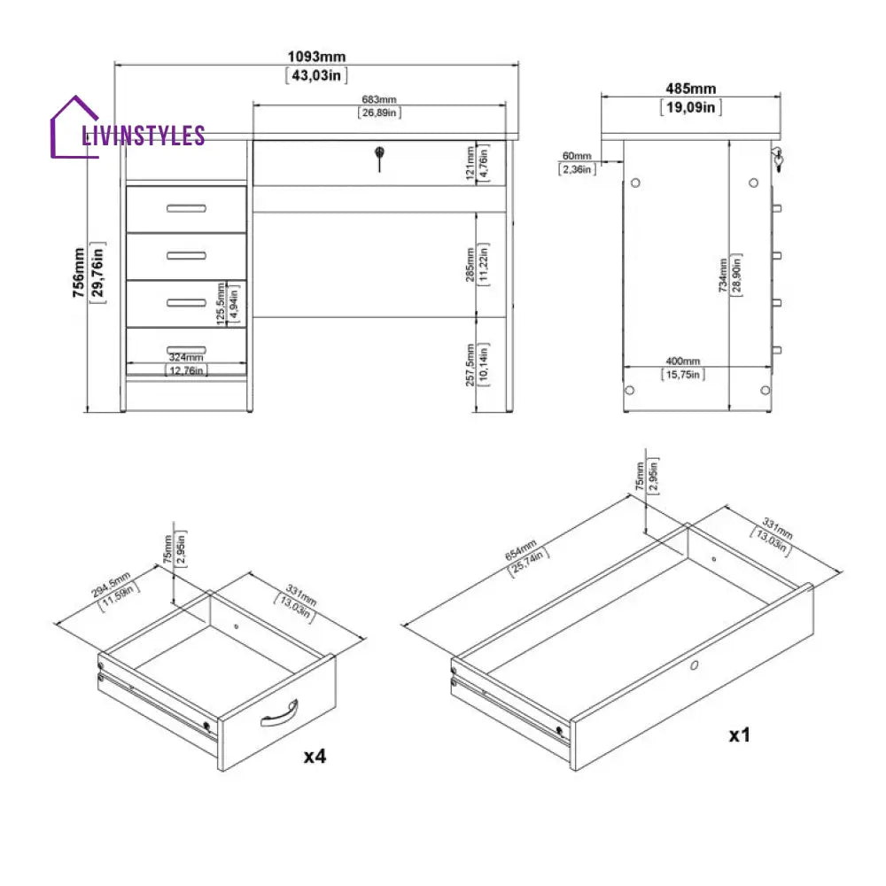 Evgeniya White Study Table | 5 Drawer and One Open Shelf