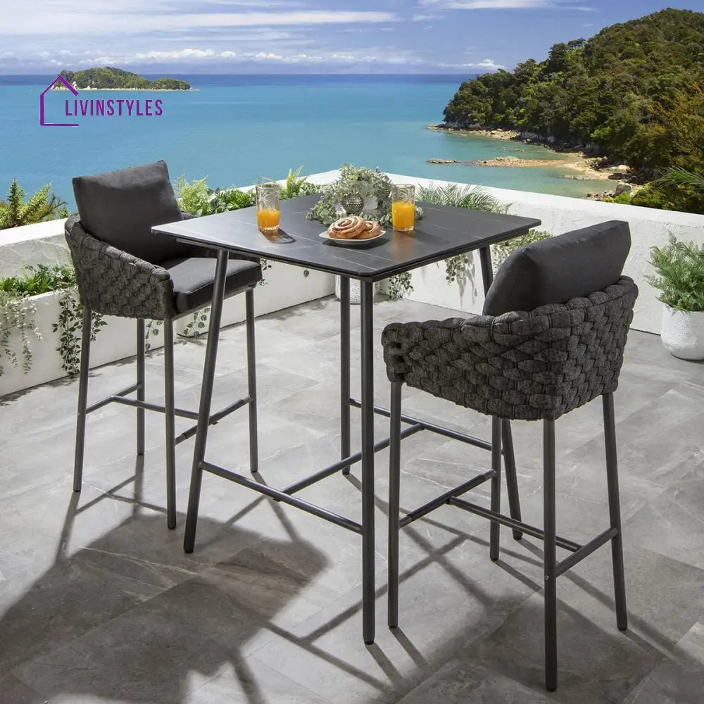 Evita Outdoor Patio Bar Set 2 Chairs and 1 Table Set Braided & Rope (Black) - Bar Sets