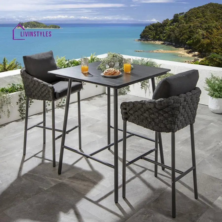 Evita Outdoor Patio Bar Set 2 Chairs and 1 Table Set Braided & Rope (Black) - Bar Sets