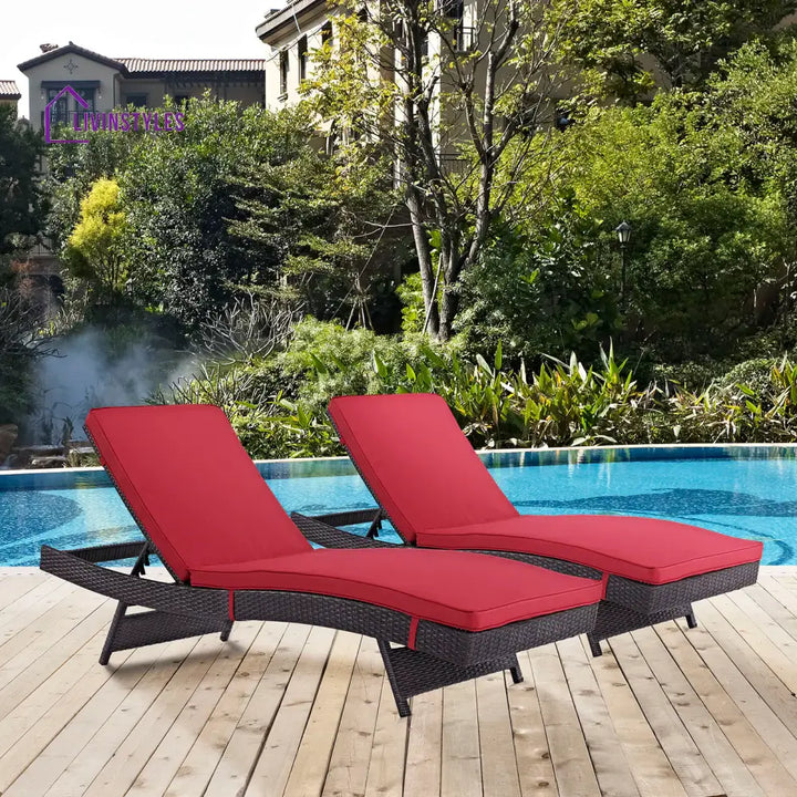 Evita Outdoor Swimming Poolside Lounger Set of 2 (Brown) - Red - Loungers