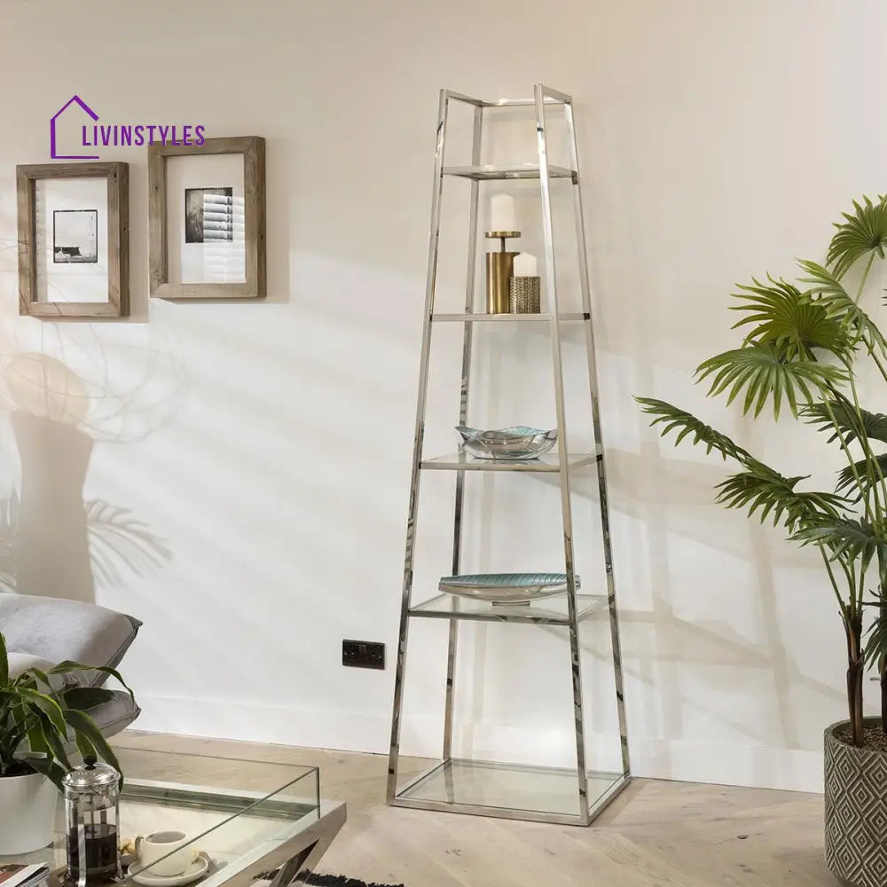 Evpraksiya Ladder Shelf Display Unit 5-Tier Clear Glass & Polished Metal Frame Dining Room / Sideboards and Cabinets