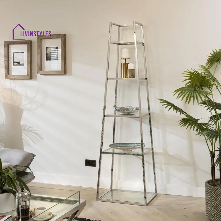 Evpraksiya Ladder Shelf Display Unit 5-Tier Clear Glass & Polished Metal Frame Dining Room / Sideboards and Cabinets