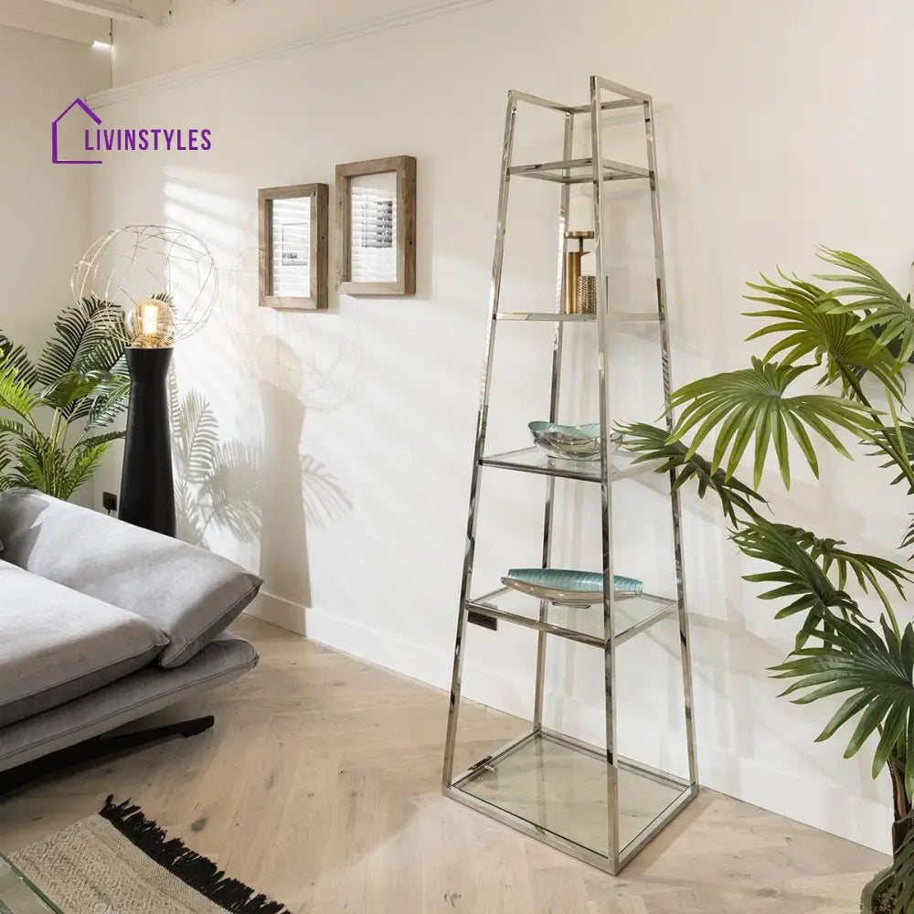Evpraksiya Ladder Shelf Display Unit 5-Tier Clear Glass & Polished Metal Frame Dining Room / Sideboards and Cabinets