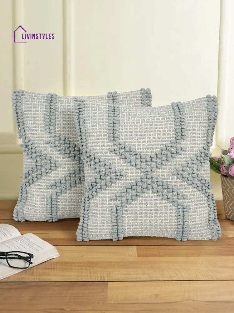 Eyda Aqua Blue Cotton Hand Woven Cushion Cover Set Of 2
