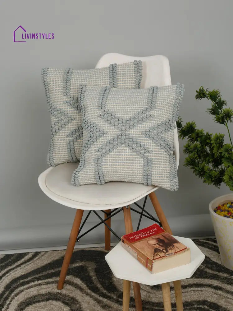 Eyda Aqua Blue Cotton Hand Woven Cushion Cover Set Of 2