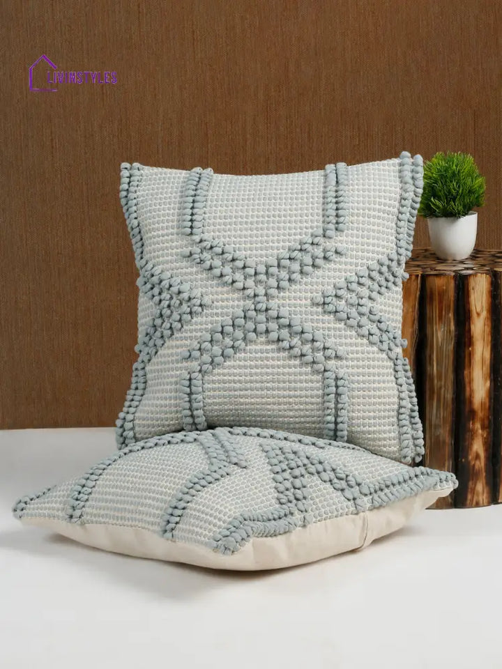 Eyda Aqua Blue Cotton Hand Woven Cushion Cover Set Of 2