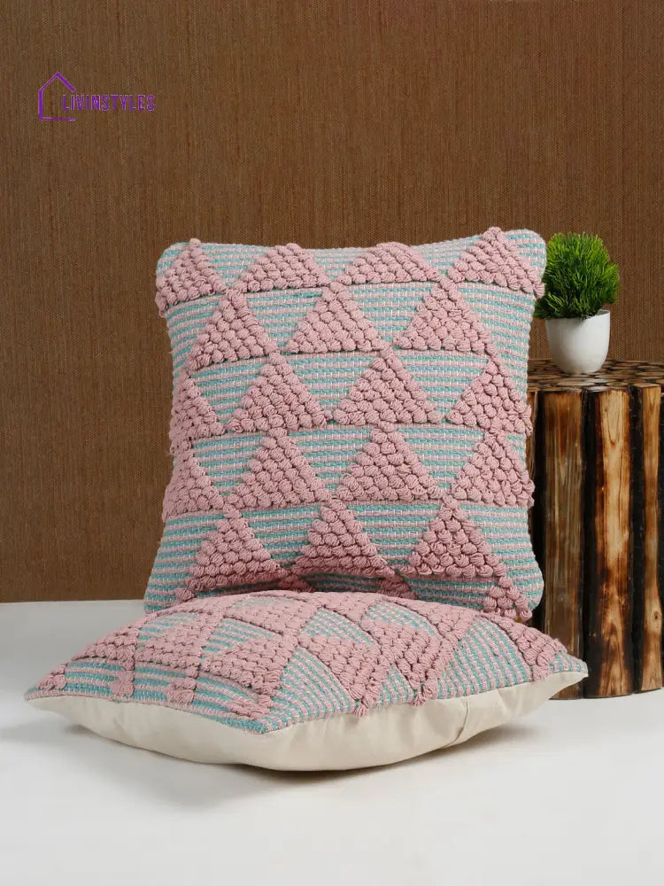 Eyda Aqua & Pink Cotton Hand Woven Cushion Cover Set Of 2