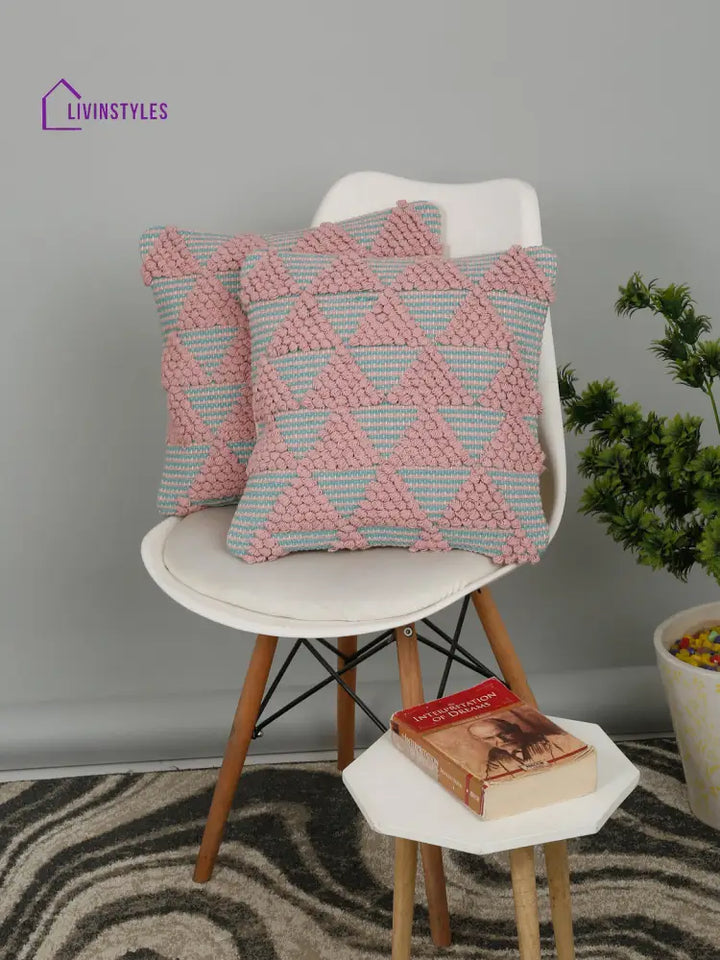 Eyda Aqua & Pink Cotton Hand Woven Cushion Cover Set Of 2