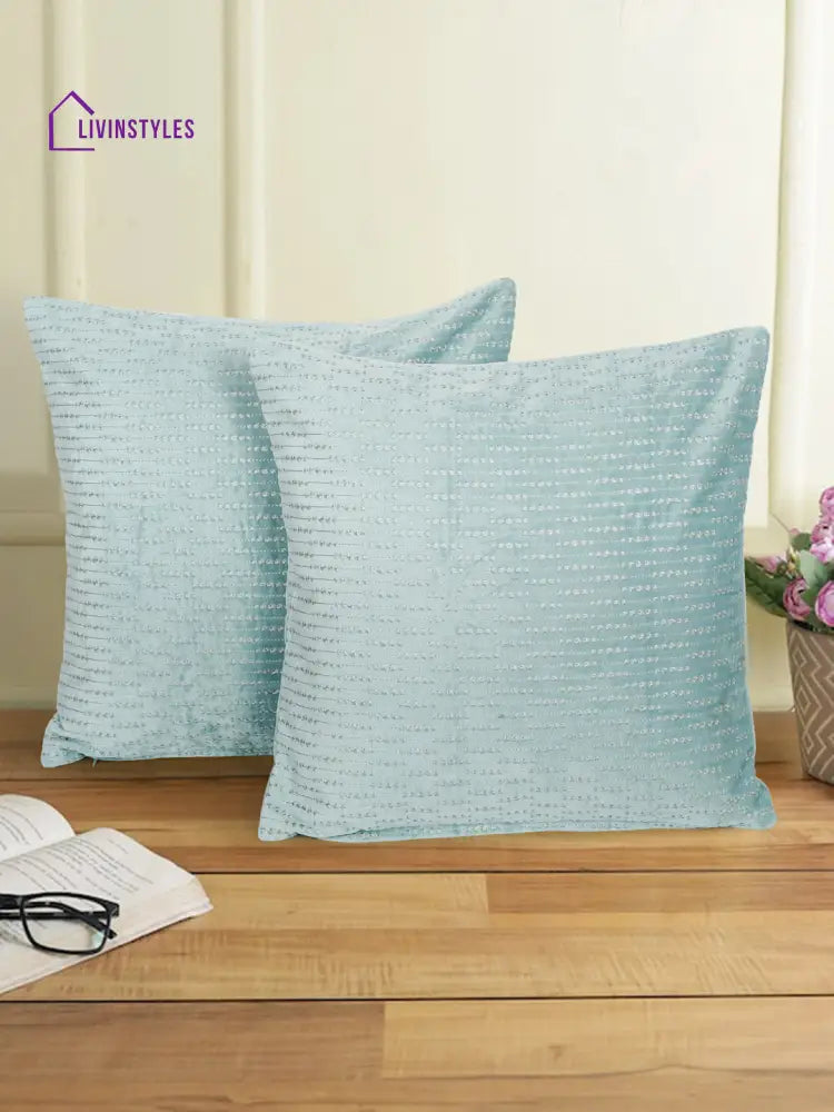 Eyda Auqa Blue Velvet Cushion Covers Set Of 2
