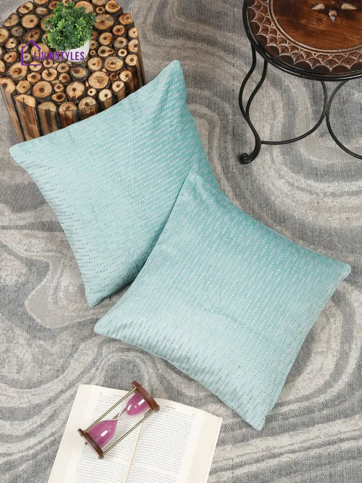 Eyda Auqa Blue Velvet Cushion Covers Set Of 2