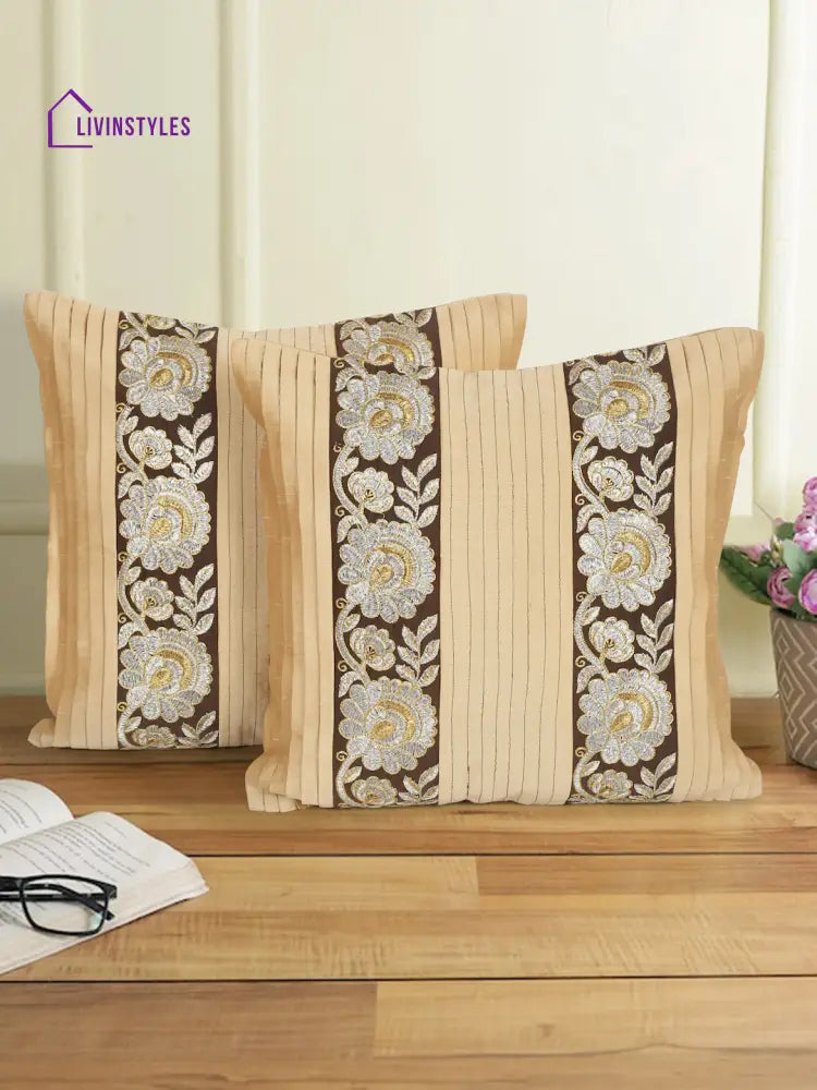 Eyda Beige And Brown Color Embroidered Cushion Cover Set Of 2-16X16 Inch