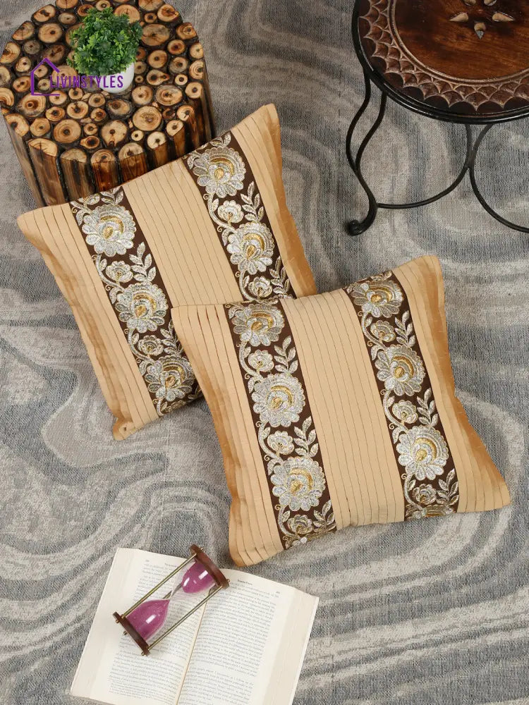 Eyda Beige And Brown Color Embroidered Cushion Cover Set Of 2-16X16 Inch