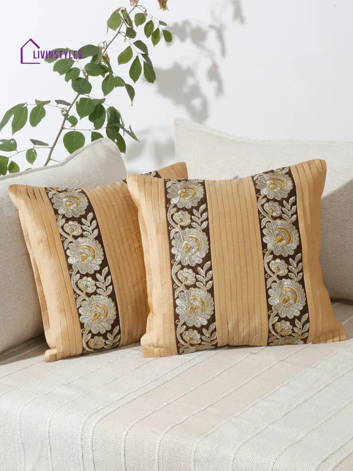Eyda Beige And Brown Color Embroidered Cushion Cover Set Of 2-16X16 Inch
