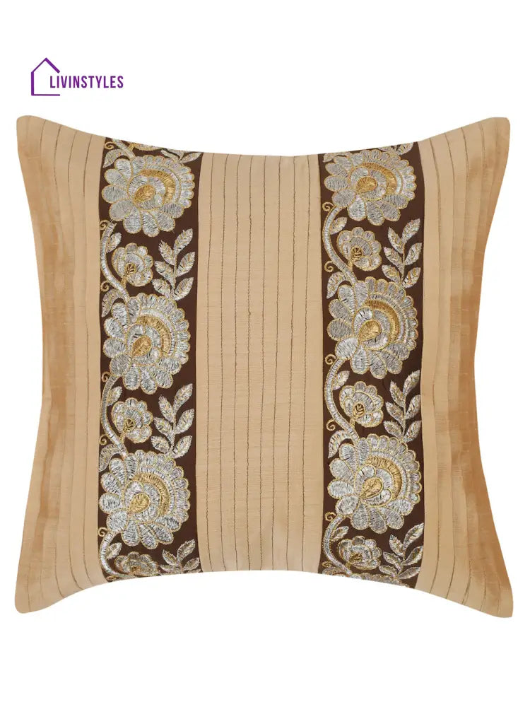 Eyda Beige And Brown Color Embroidered Cushion Cover Set Of 2-16X16 Inch