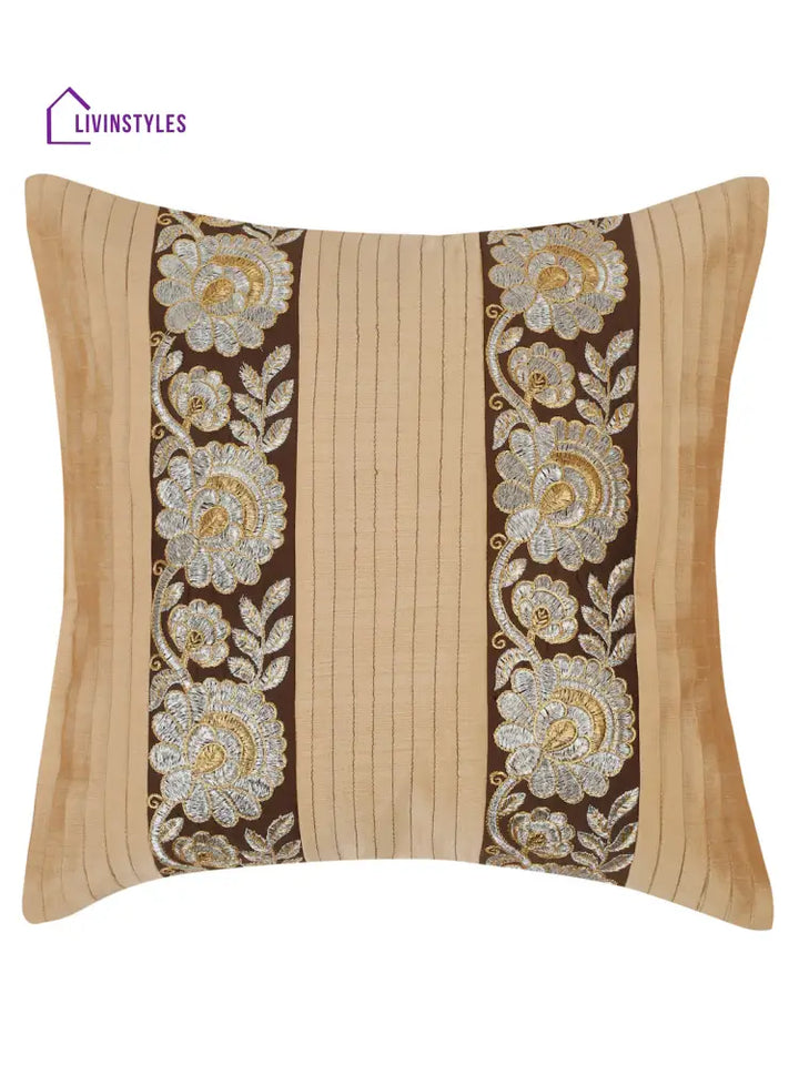 Eyda Beige And Brown Color Embroidered Cushion Cover Set Of 2-16X16 Inch