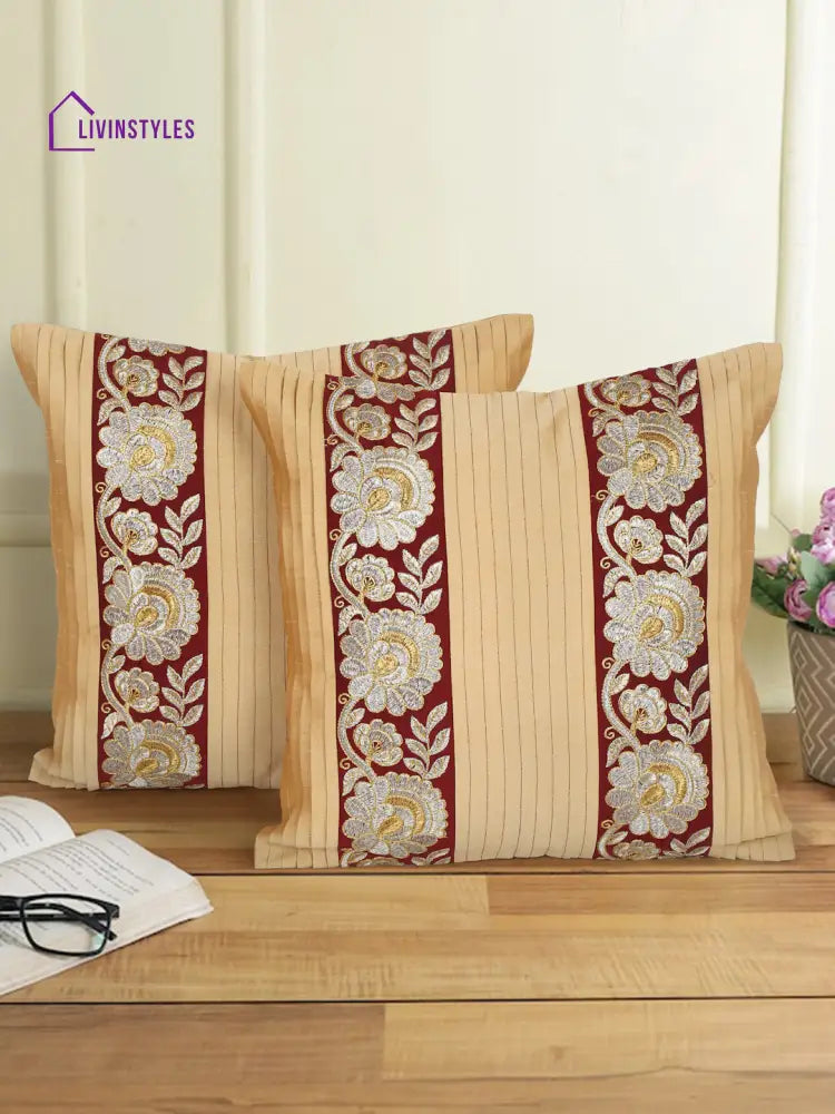 Eyda Beige And Red Color Embroidered Cushion Cover Set Of 2-16X16 Inch