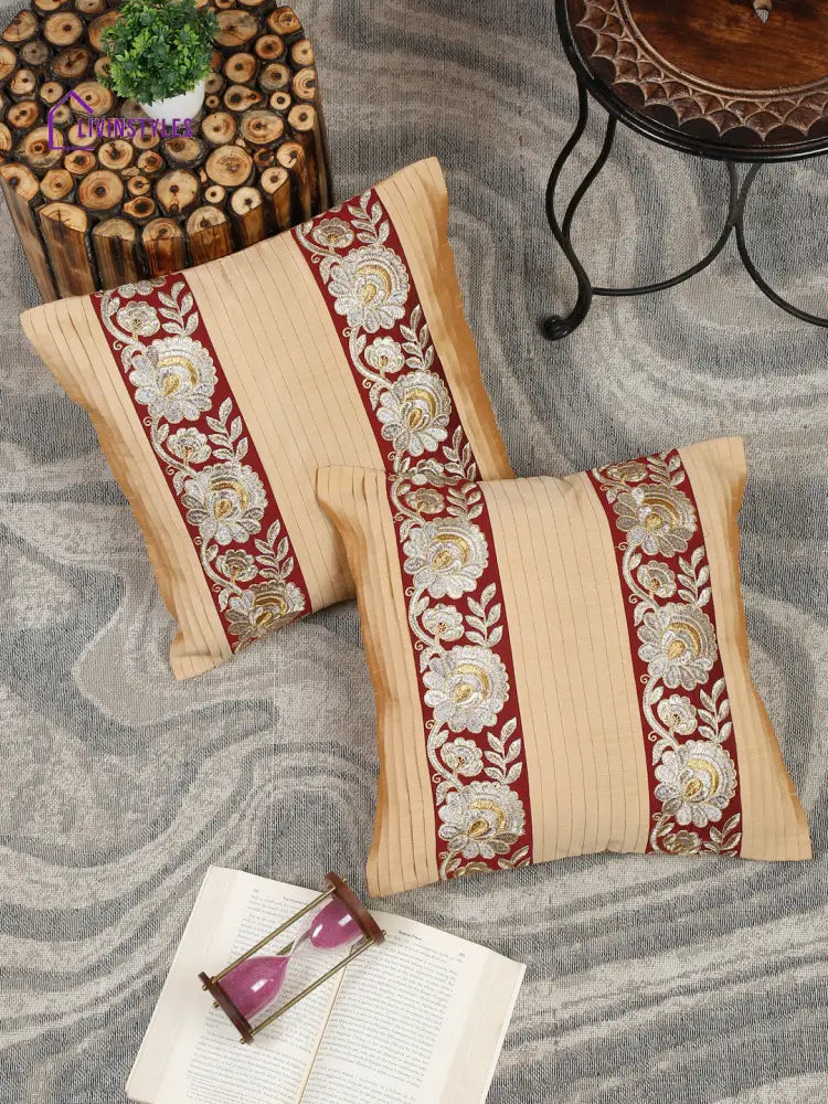 Eyda Beige And Red Color Embroidered Cushion Cover Set Of 2-16X16 Inch