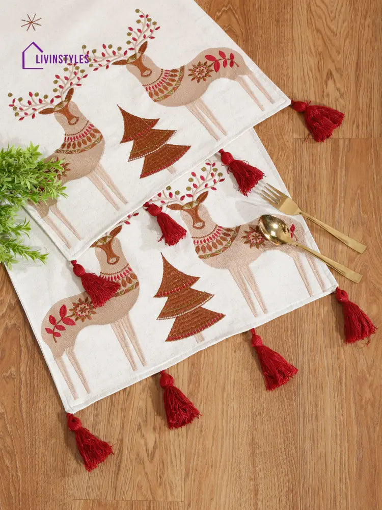 Eyda Beige And Red Cotton Linen Embroidered Table Runner