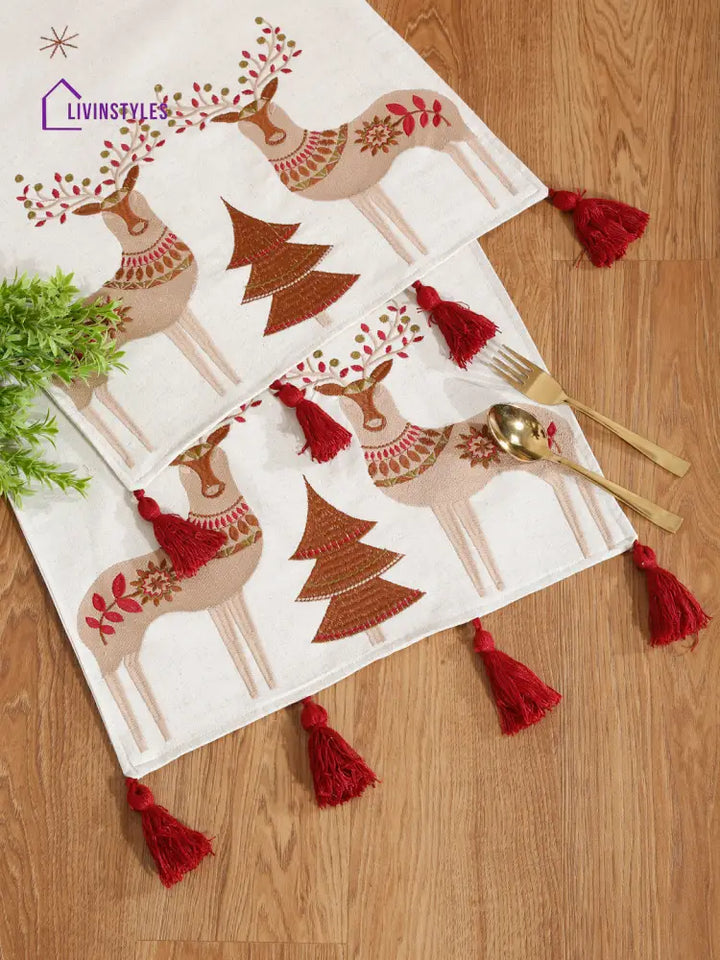 Eyda Beige And Red Cotton Linen Embroidered Table Runner