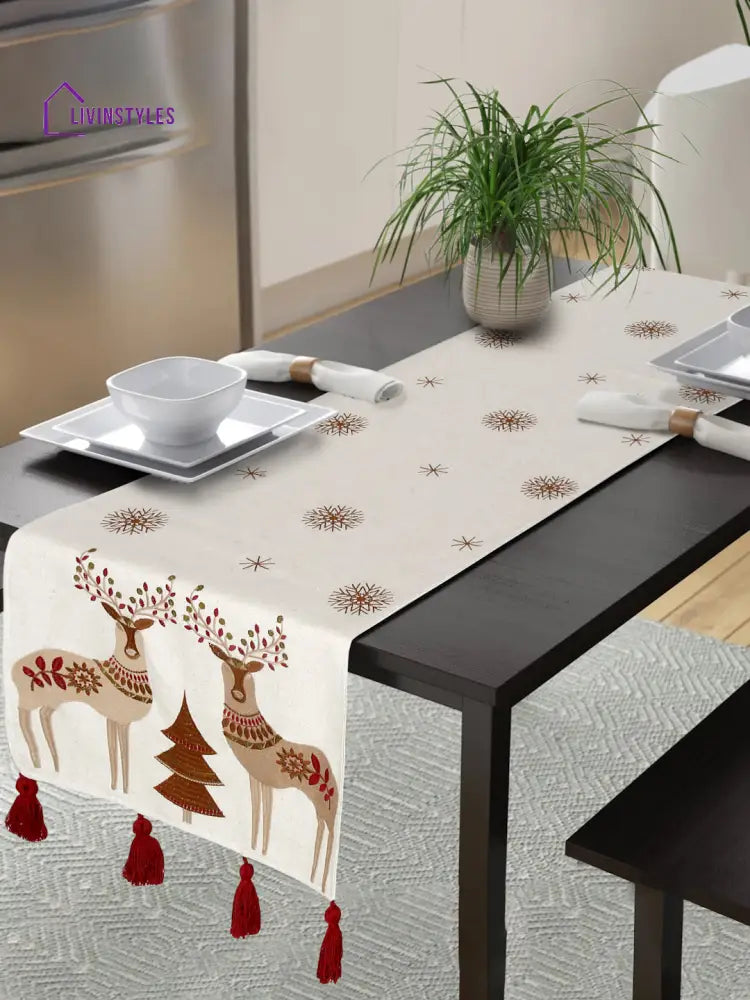 Eyda Beige And Red Cotton Linen Embroidered Table Runner
