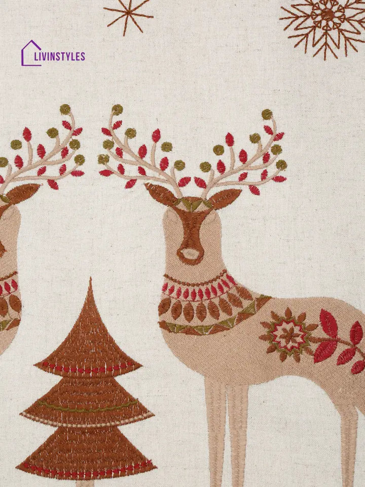 Eyda Beige And Red Cotton Linen Embroidered Table Runner