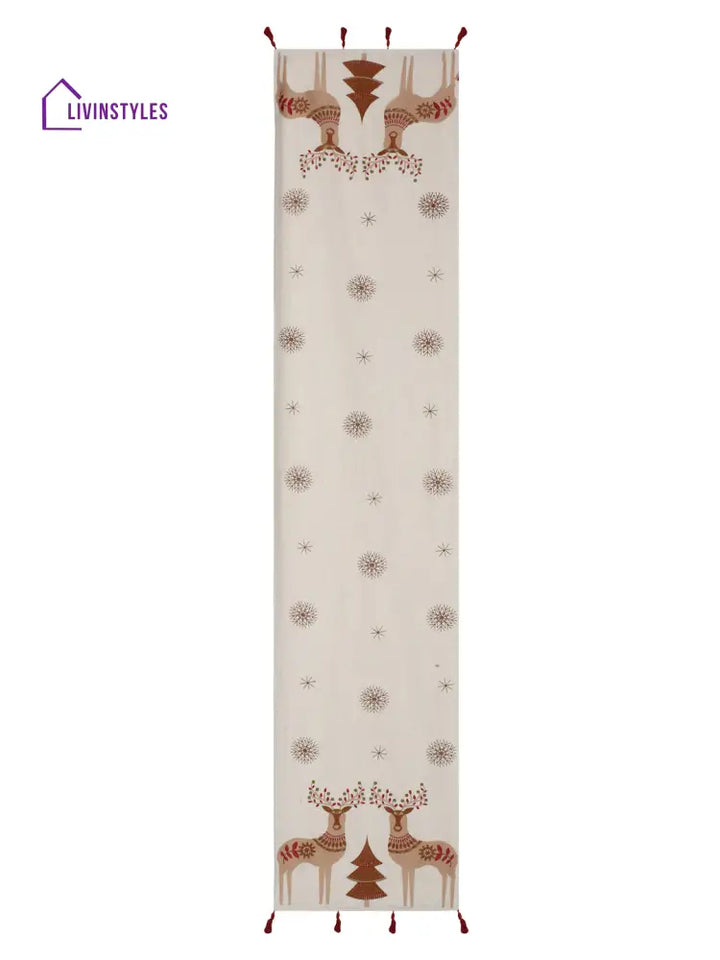 Eyda Beige And Red Cotton Linen Embroidered Table Runner