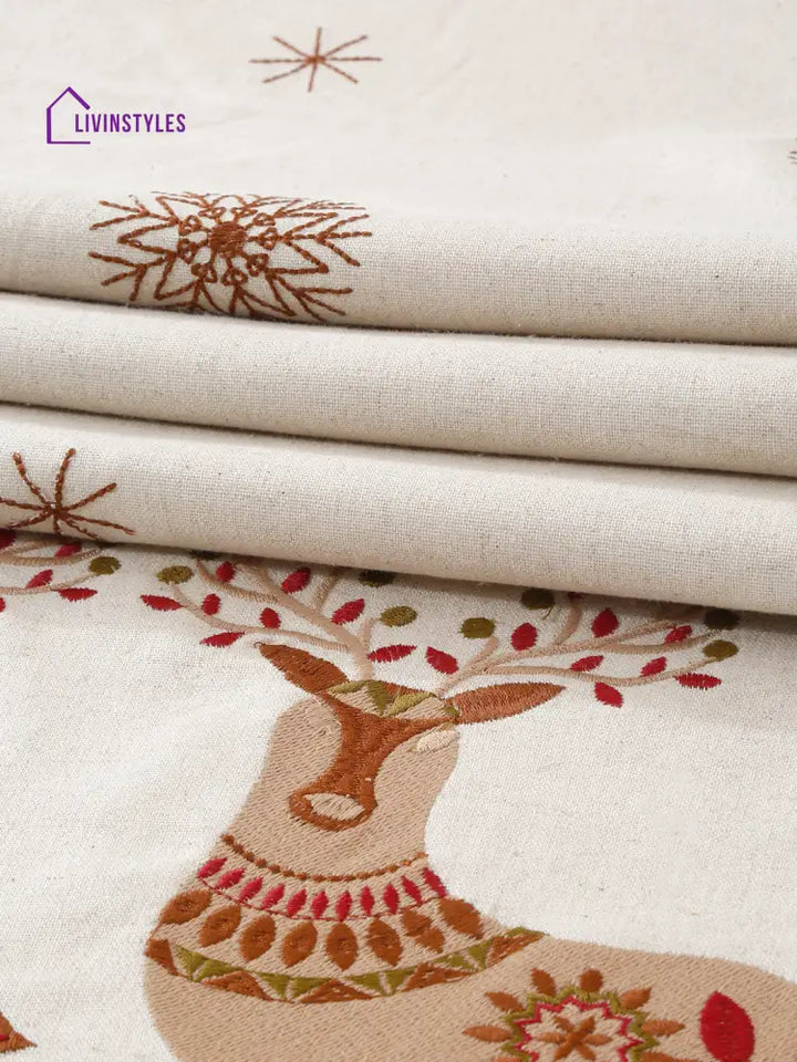 Eyda Beige And Red Cotton Linen Embroidered Table Runner