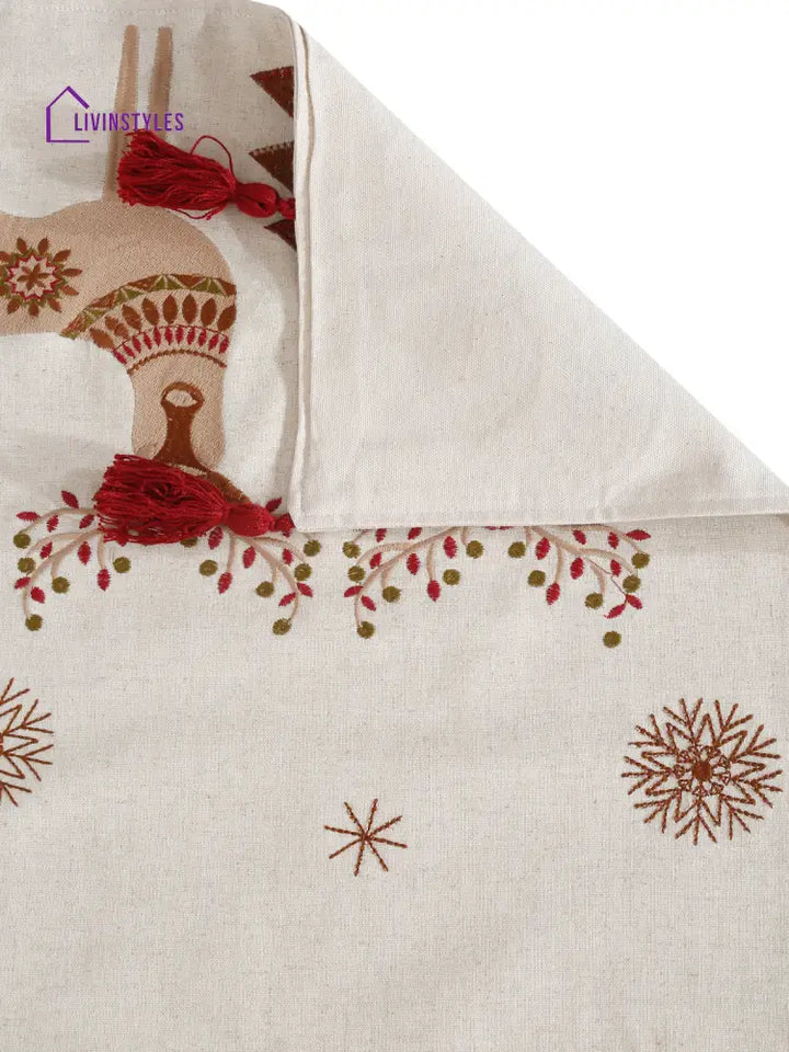 Eyda Beige And Red Cotton Linen Embroidered Table Runner