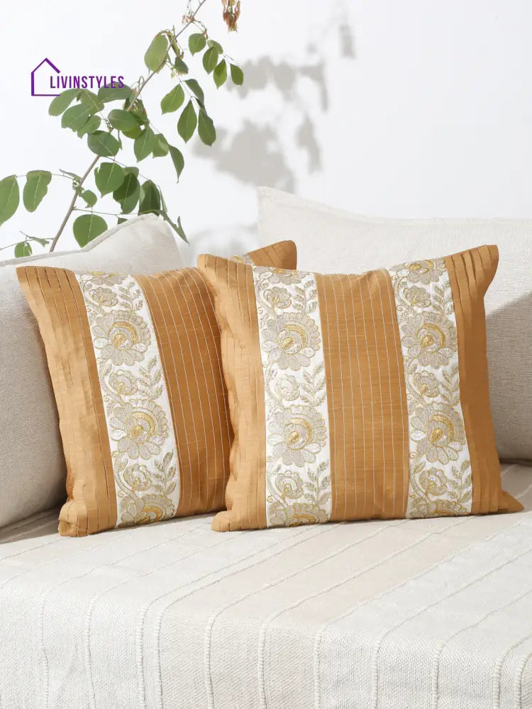 Eyda Beige And White Color Embroidered Cushion Cover Set Of 2-16X16 Inch