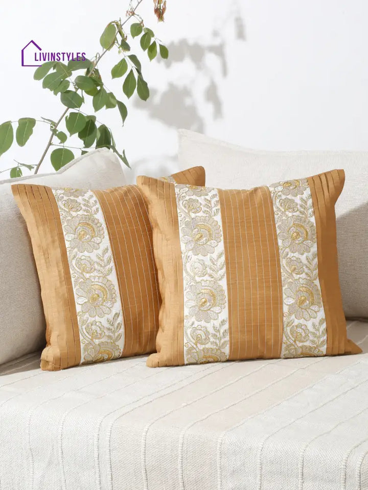 Eyda Beige And White Color Embroidered Cushion Cover Set Of 2-16X16 Inch
