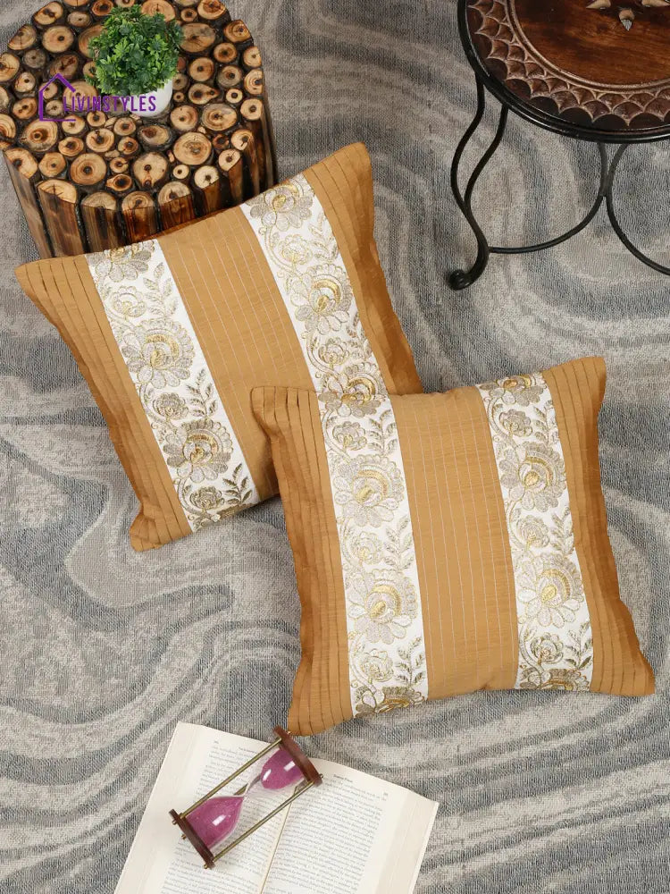 Eyda Beige And White Color Embroidered Cushion Cover Set Of 2-16X16 Inch