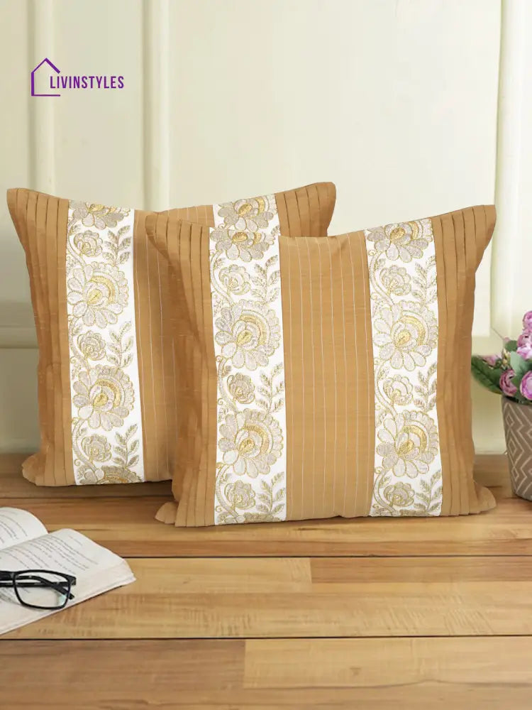 Eyda Beige And White Color Embroidered Cushion Cover Set Of 2-16X16 Inch