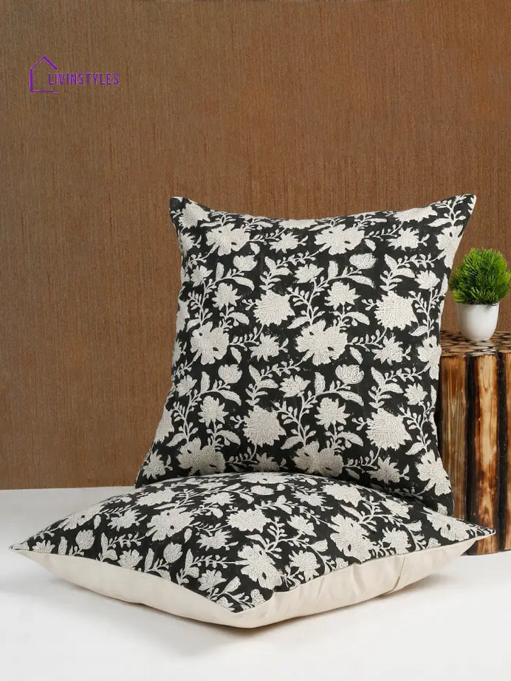 Eyda Black Cotton Hand Block Cushion Cover Set Of 2