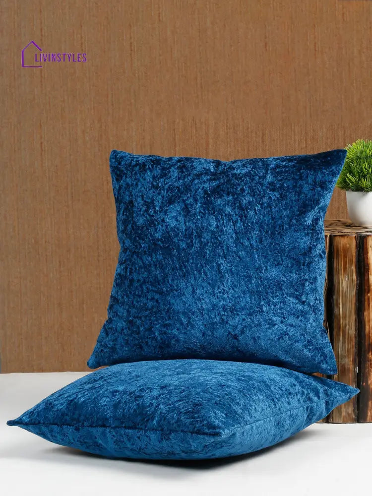 Eyda Blue Velvet Solid Cushion Cover Set Of 2