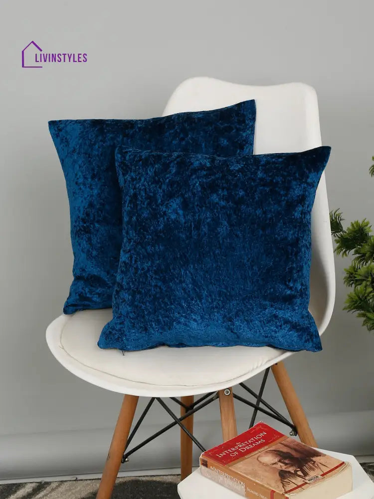 Eyda Blue Velvet Solid Cushion Cover Set Of 2