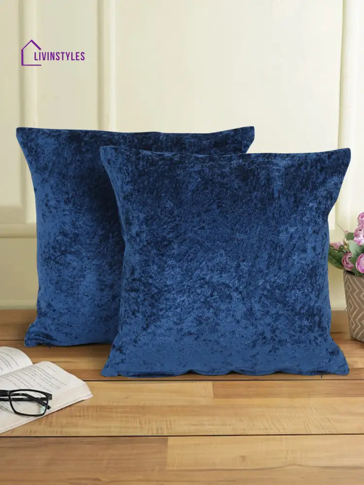 Eyda Blue Velvet Solid Cushion Cover Set Of 2