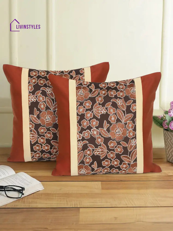 Eyda Copper And Brown Color Embroidered Cushion Cover Set Of 2-16X16 Inch