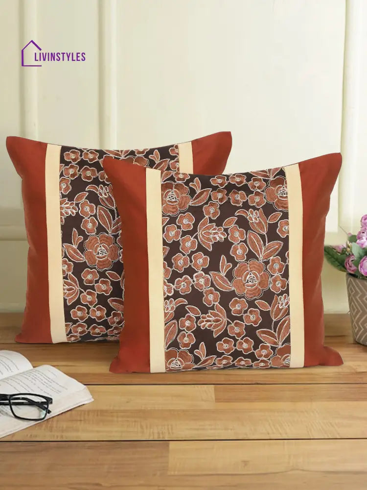 Eyda Copper And Brown Color Embroidered Cushion Cover Set Of 2-16X16 Inch