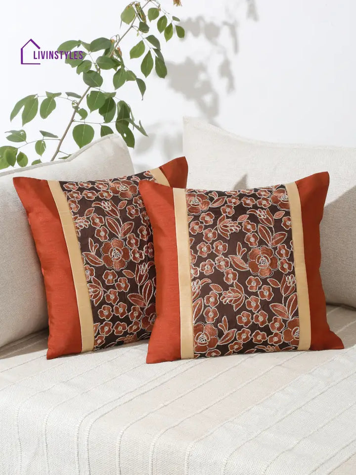 Eyda Copper And Brown Color Embroidered Cushion Cover Set Of 2-16X16 Inch