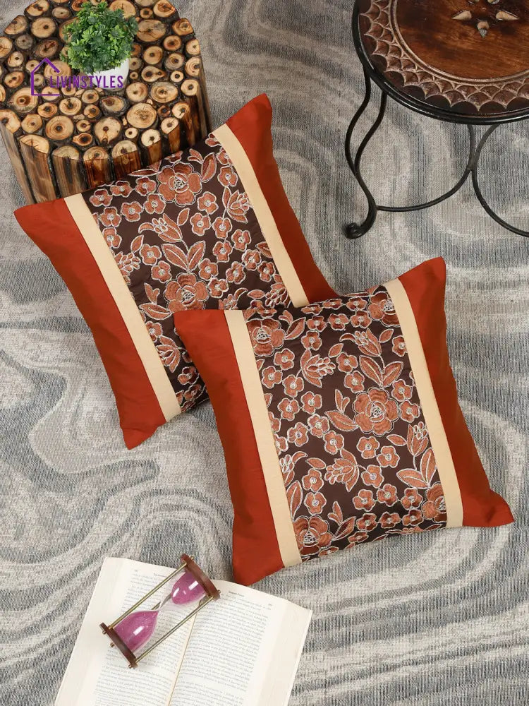 Eyda Copper And Brown Color Embroidered Cushion Cover Set Of 2-16X16 Inch