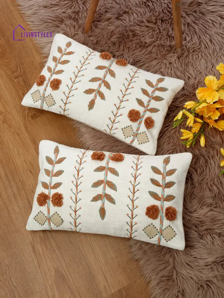 Eyda Embroidered Cotton Cushion Covers Set Of 2-12X20 Inch