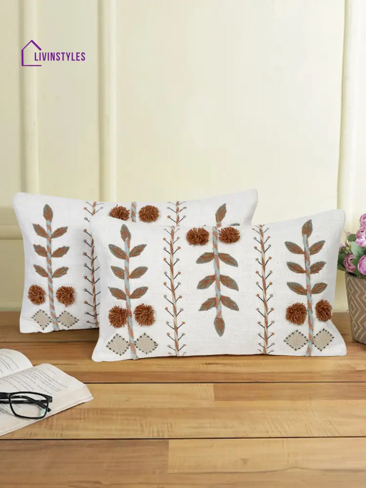 Eyda Embroidered Cotton Cushion Covers Set Of 2-12X20 Inch