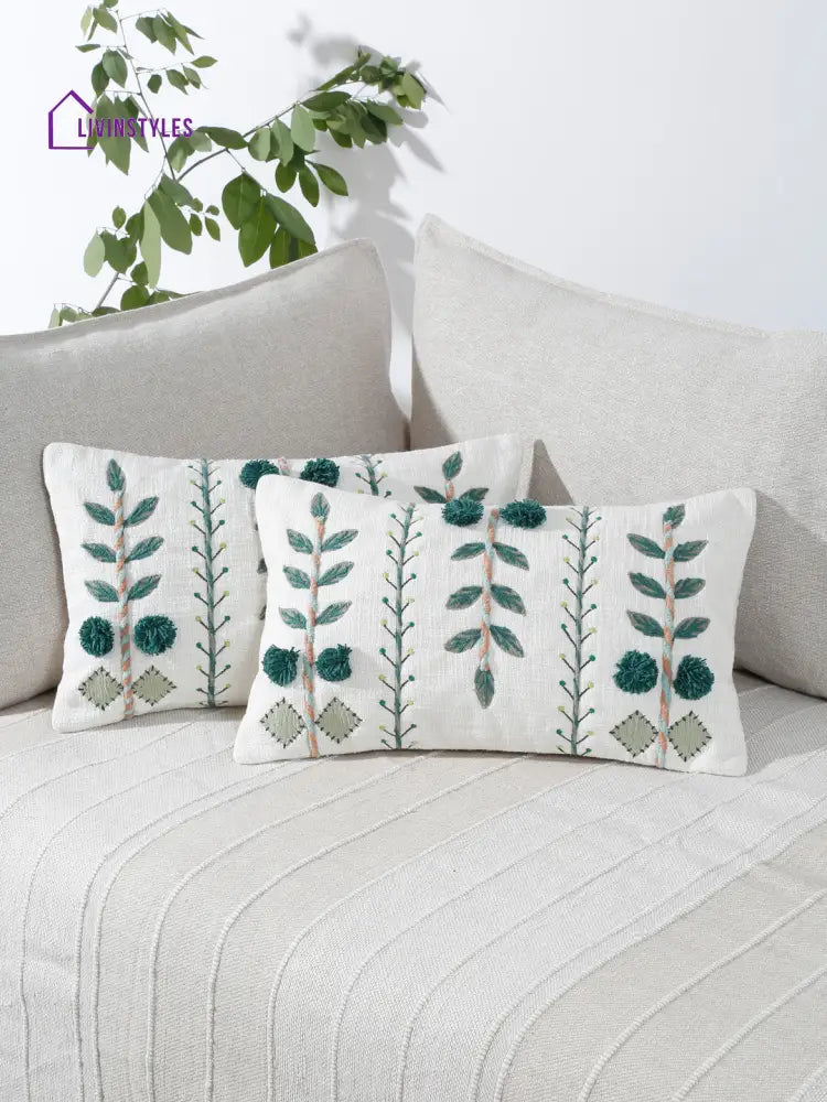 Eyda Embroidered Cotton Cushion Covers Set Of 2-12X20 Inch