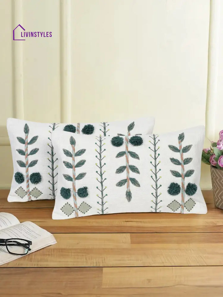 Eyda Embroidered Cotton Cushion Covers Set Of 2-12X20 Inch