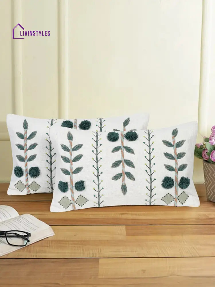 Eyda Embroidered Cotton Cushion Covers Set Of 2-12X20 Inch
