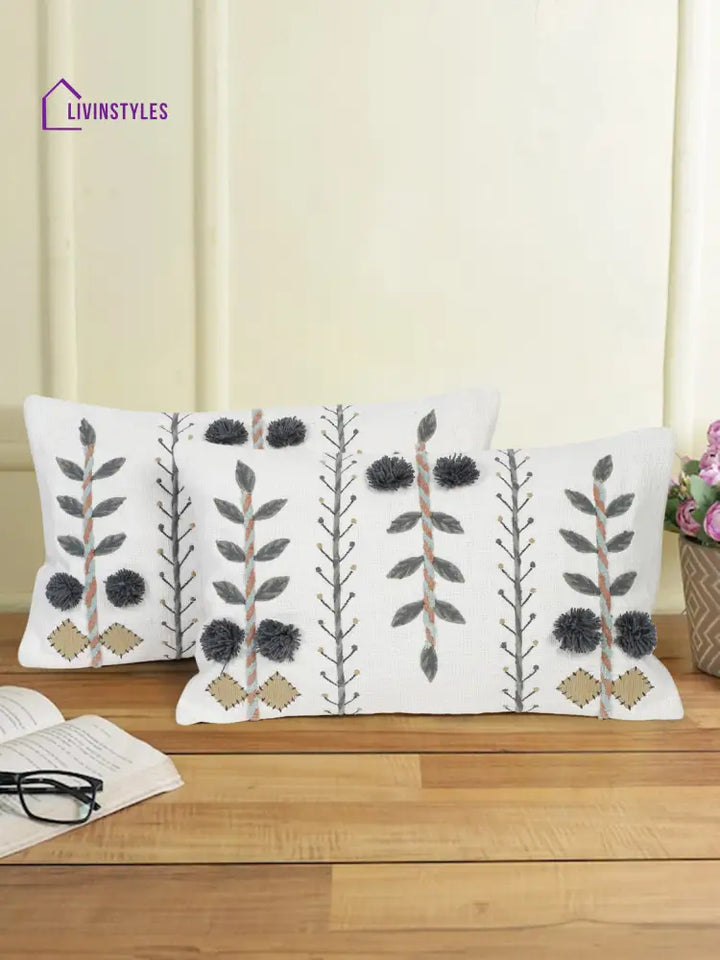 Eyda Embroidered Cotton Cushion Covers Set Of 2-12X20 Inch